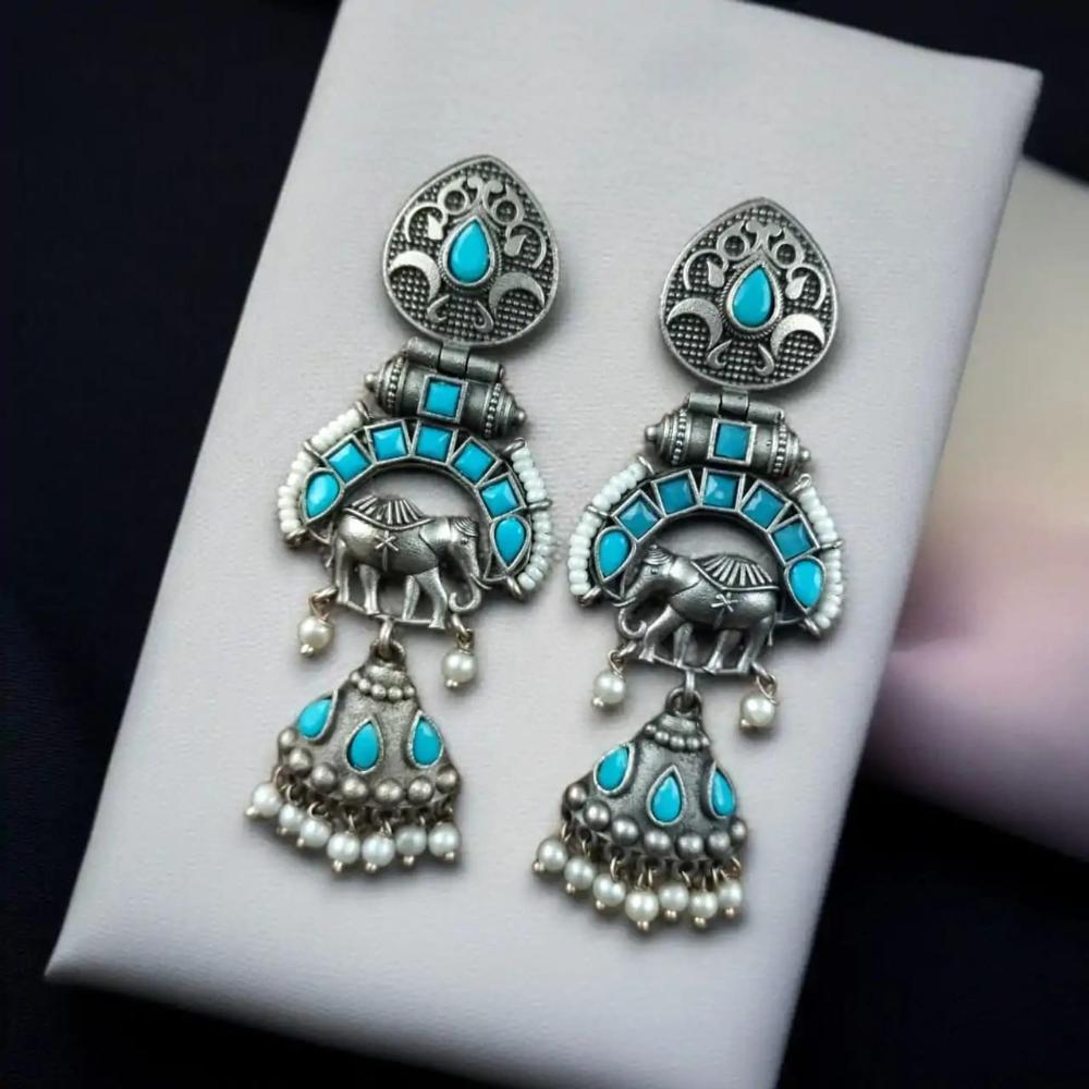 Maharani Jewels Inspired Oxidised Plated Pota & Pearl Detailing Jhumki Earrings