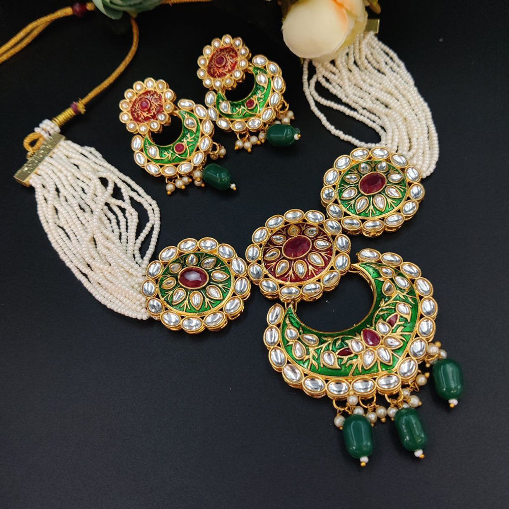 Maharani Jewels Gold Plated Kundan Stone Pearl And Meenakari Choker Necklace Set