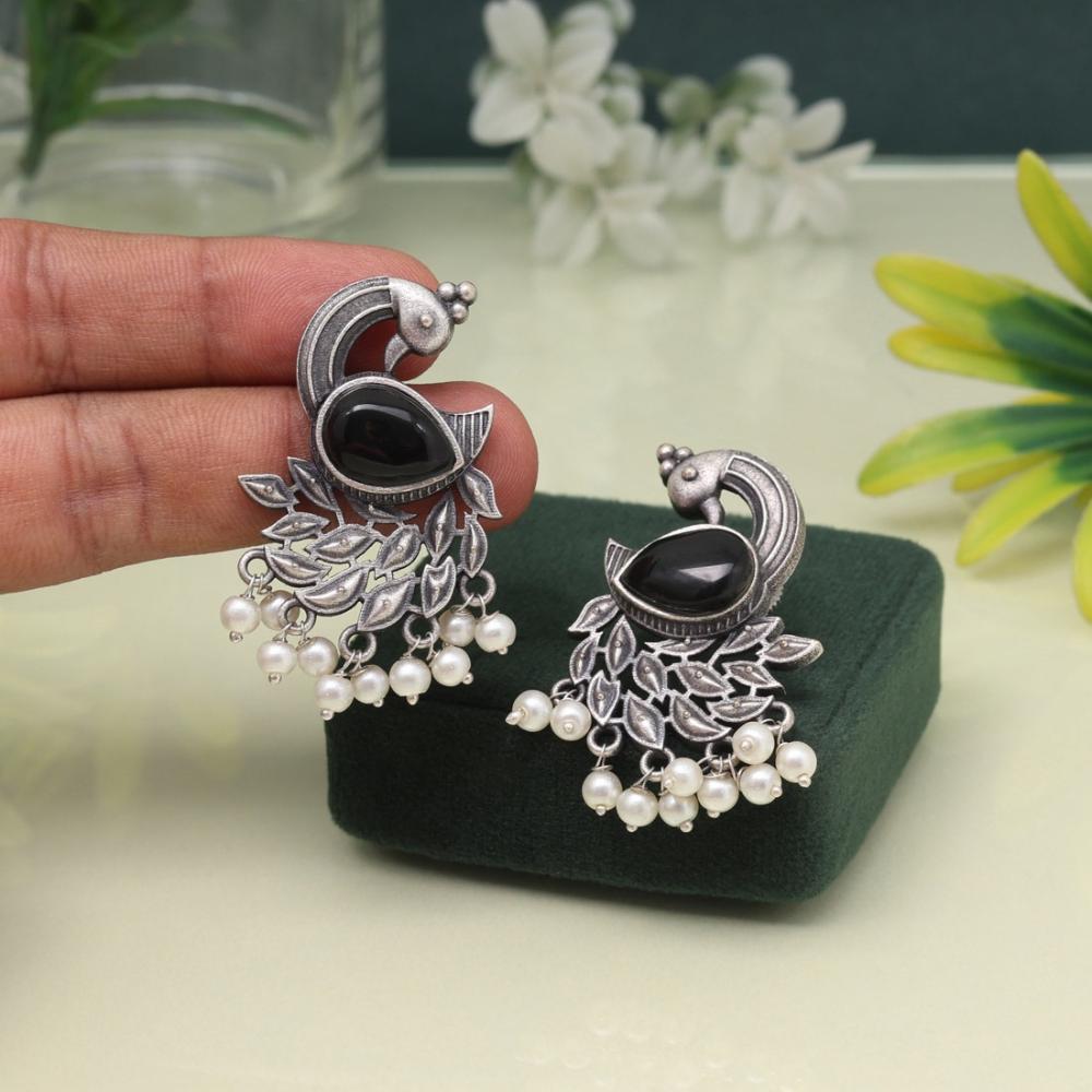 Maharani Jewels Oxidized Plated Pota Stone And Pearl Dangler Earrings (Assorted Color)