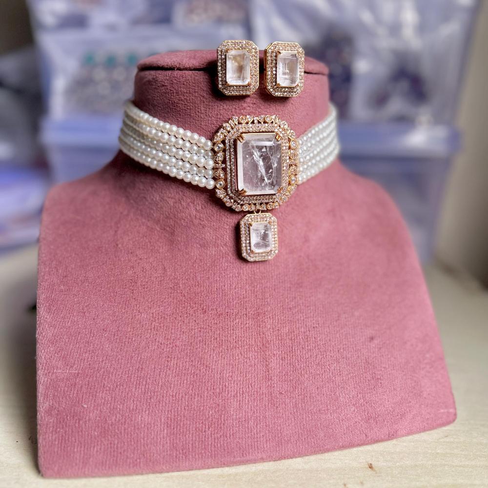 Maharani Jewels Pearl And Crystal Stone Choker Necklace Set