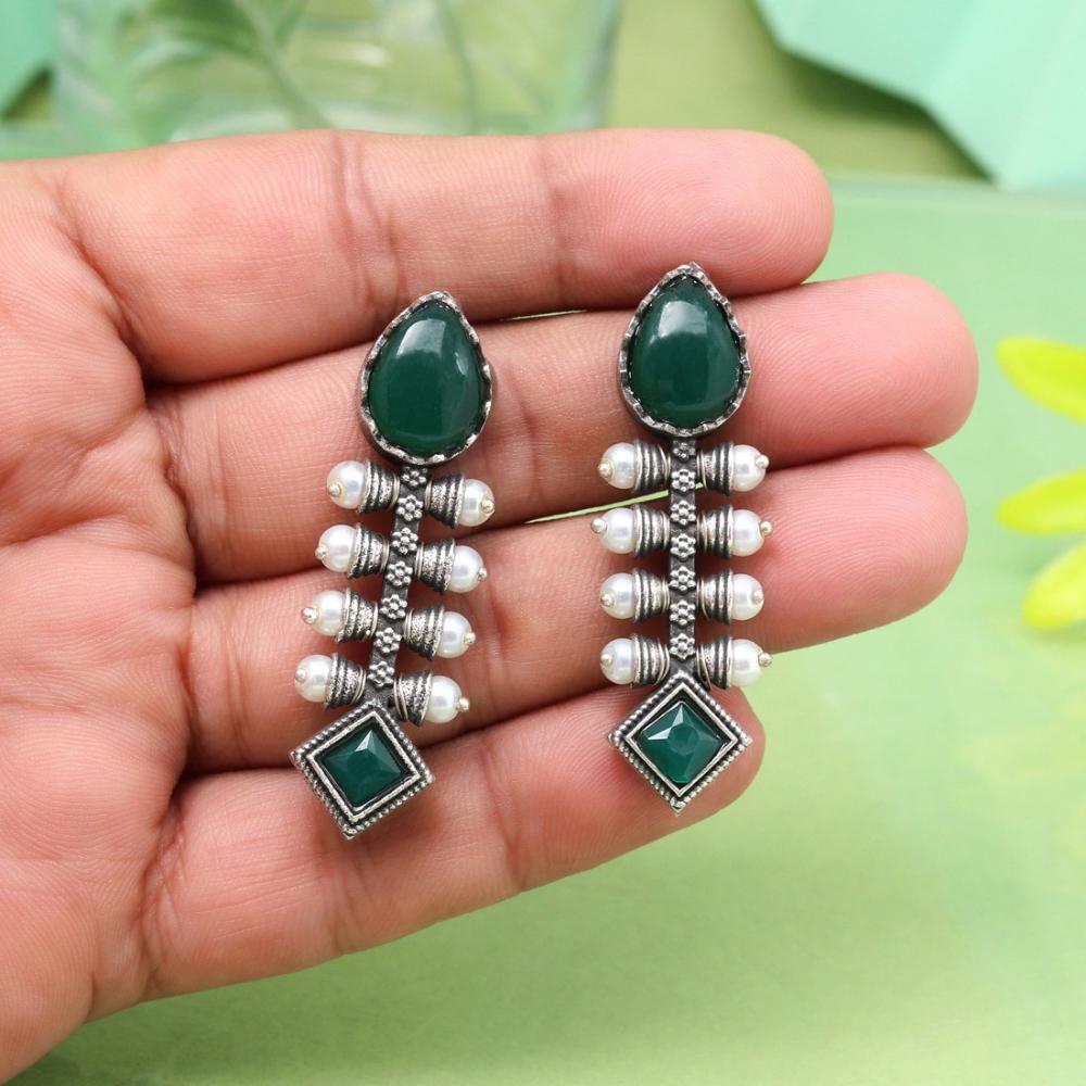 Maharani Oxidised Pota Stone And Pearls Dangler Earrings