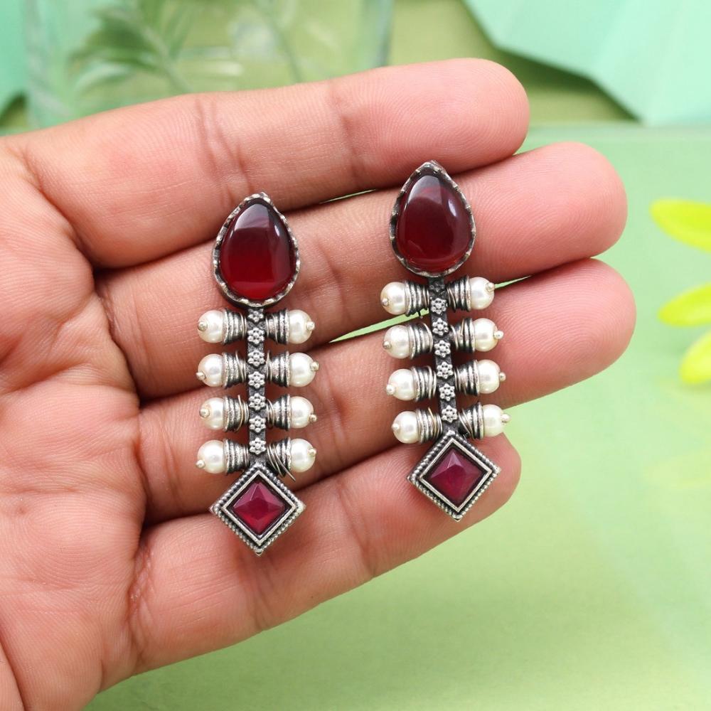 Maharani Oxidised Pota Stone And Pearls Dangler Earrings