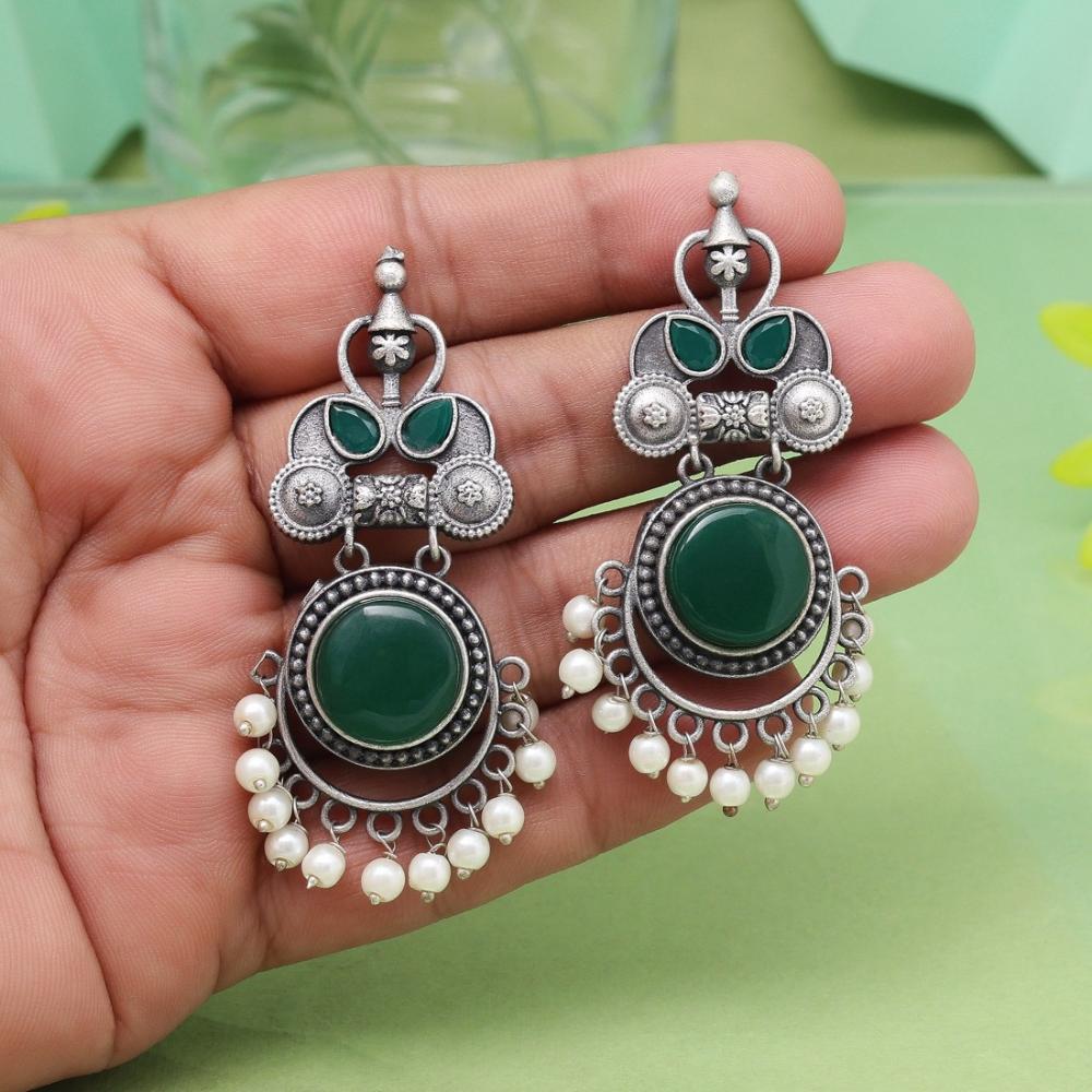 Maharani Oxidised Pota Stone And Pearls Dangler Earrings