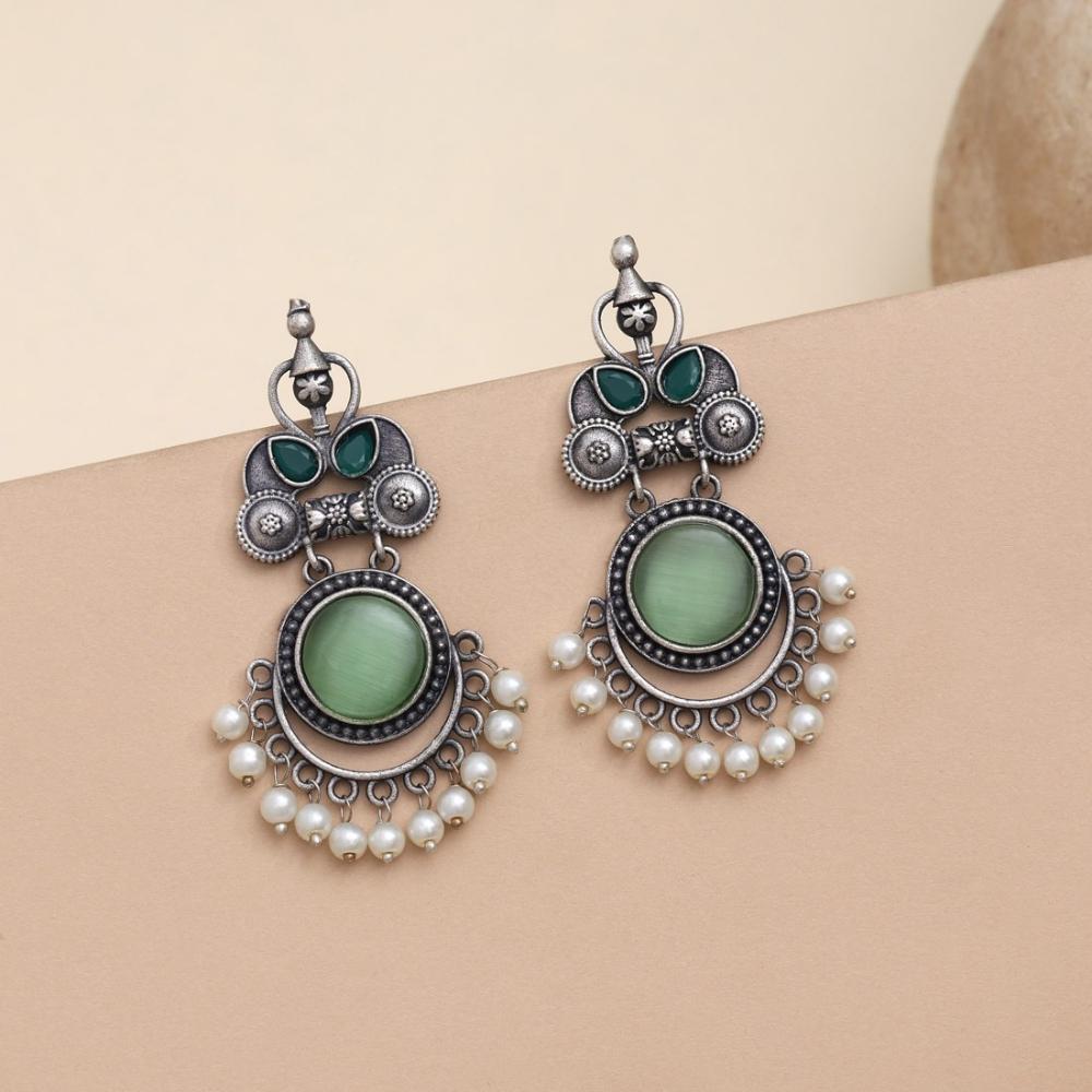 Maharani Oxidised Pota Stone And Pearls Dangler Earrings