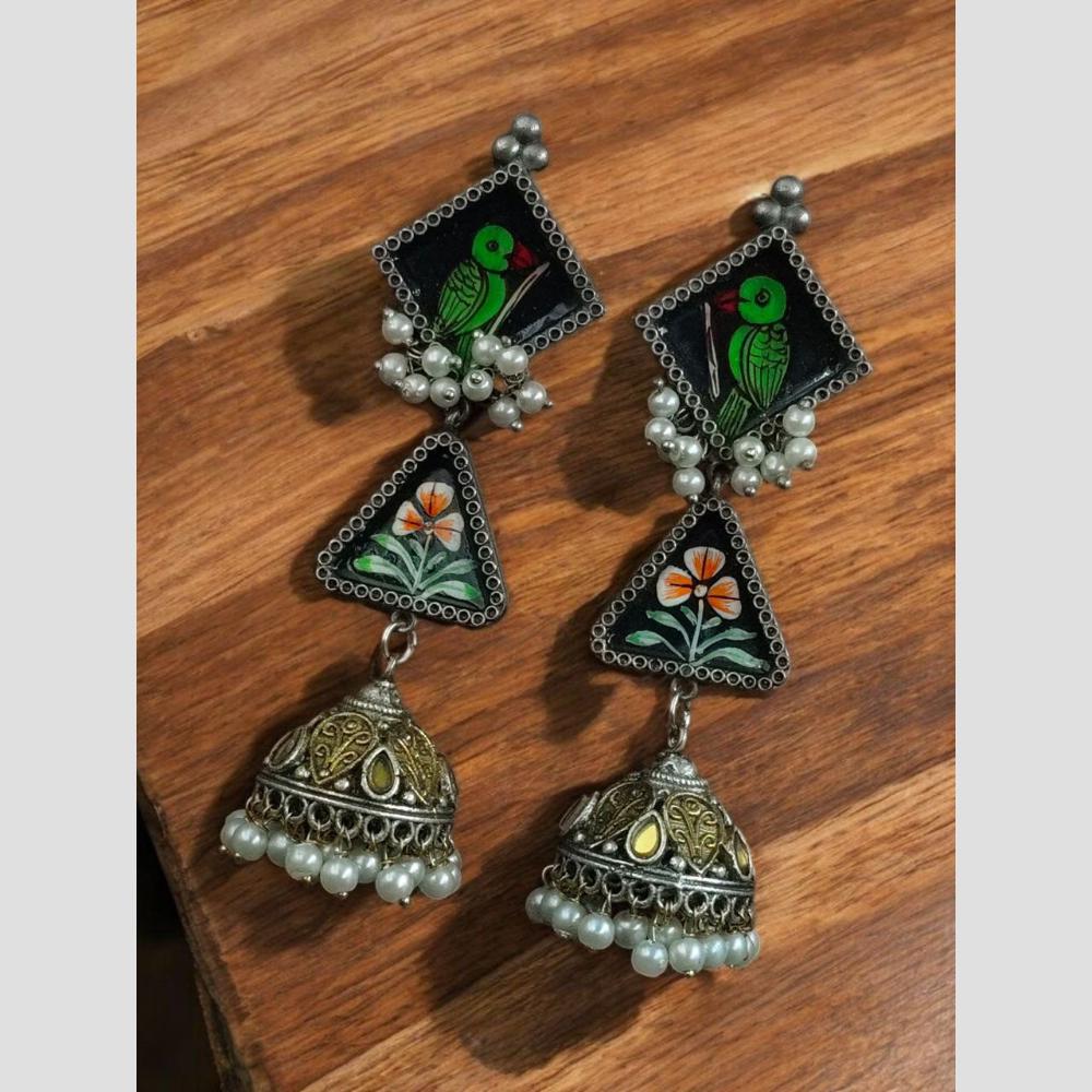 Maharani Oxidised Dual Tone Earrings with Parrot & Floral Engraving