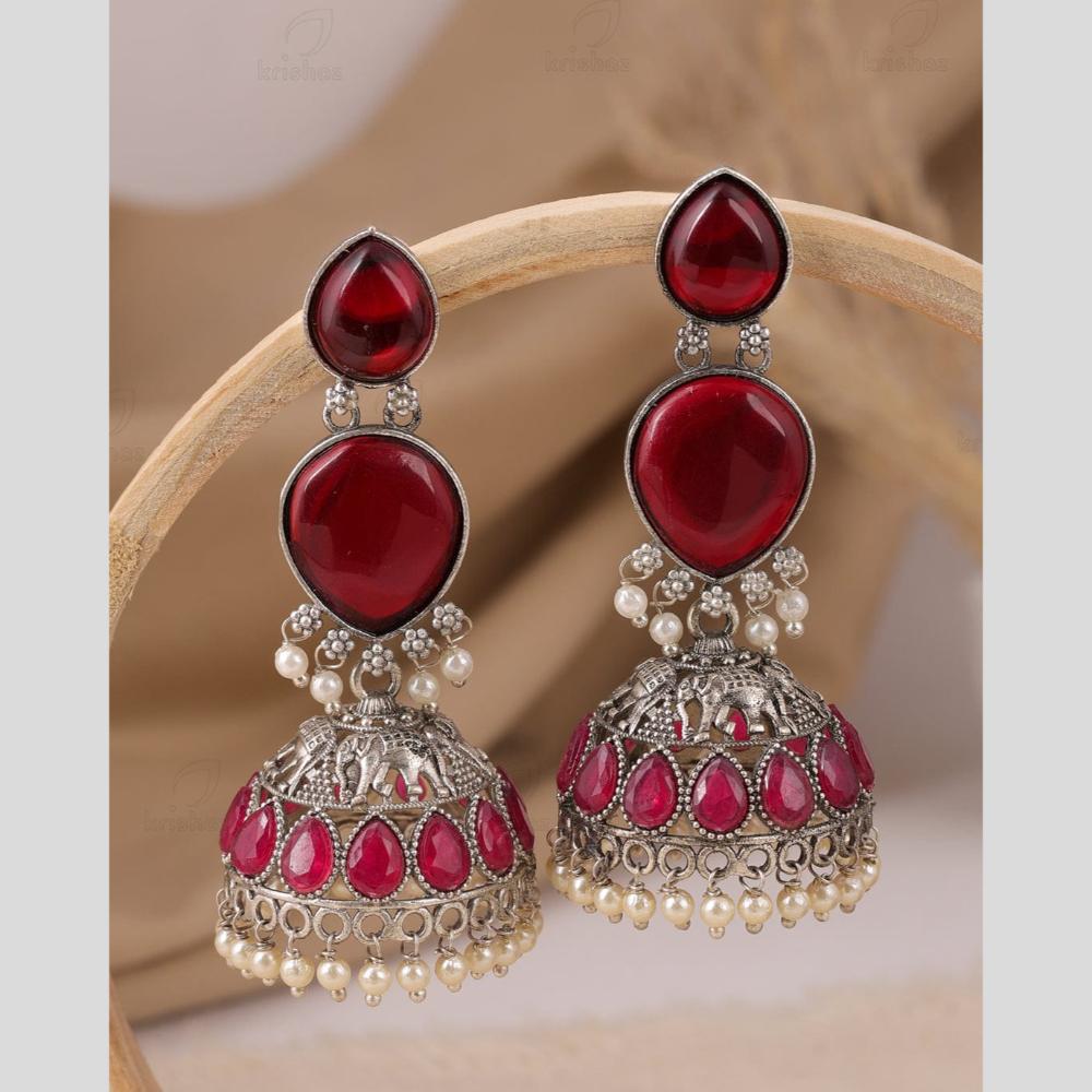 Maharani Jewels Oxidized Plated Pota Stone And Pearl Jhumki Earrings