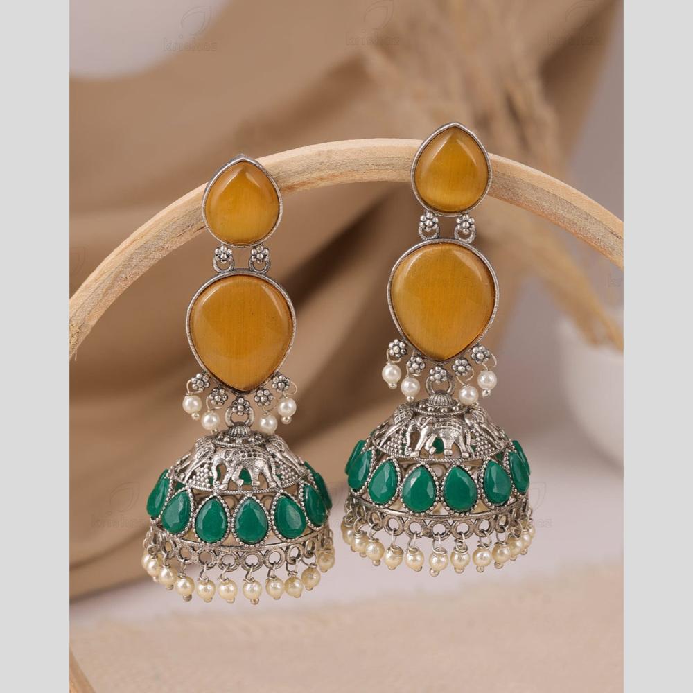 Maharani Jewels Oxidized Plated Pota Stone And Pearl Jhumki Earrings