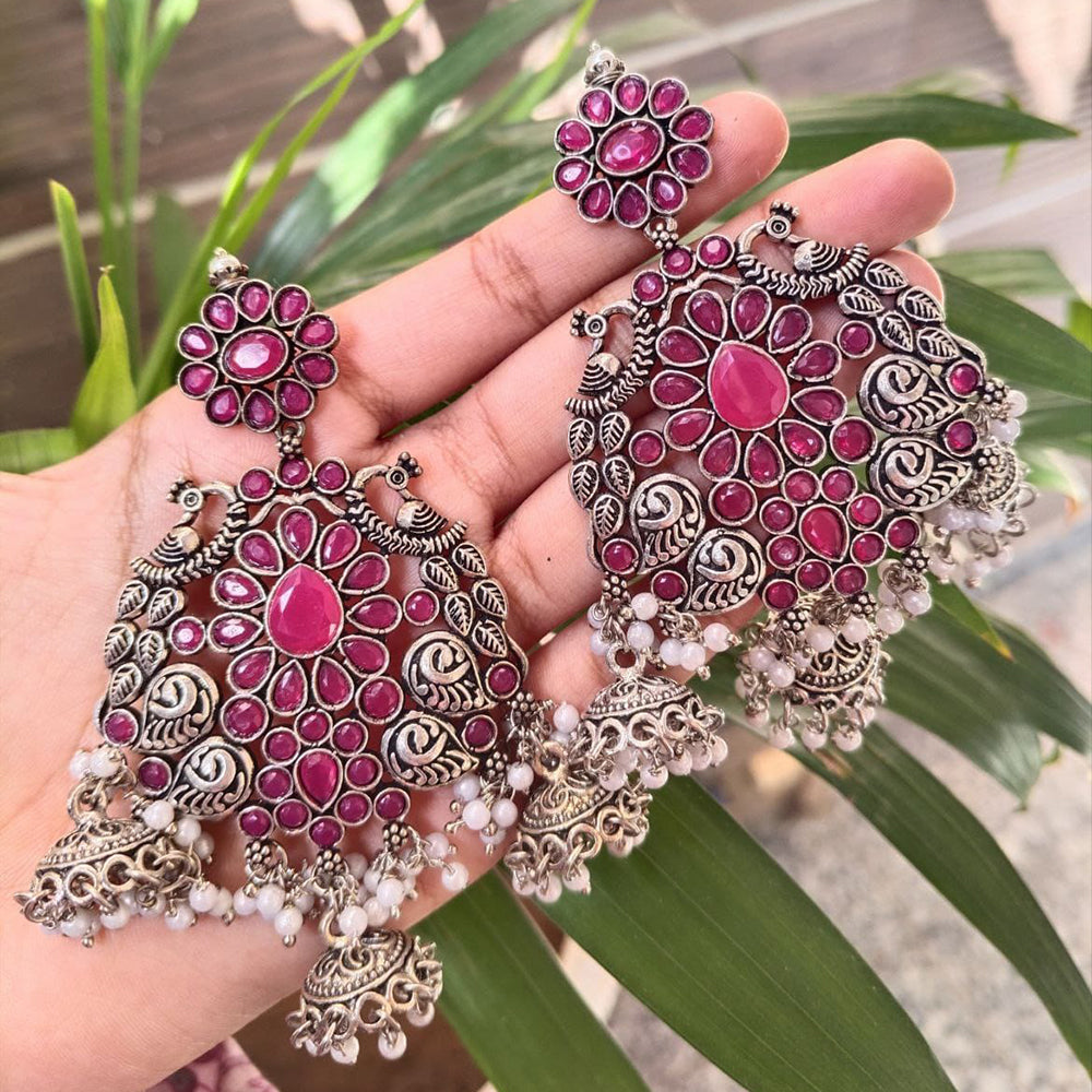 Maharani Jewels Oxidised Plated Pota Stone And Pearl Jhumki Earrings