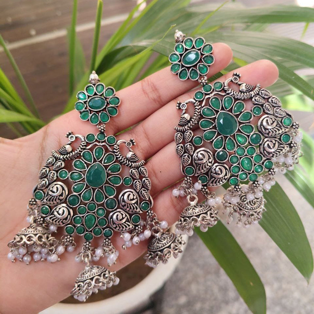Maharani Jewels Oxidised Plated Pota Stone And Pearl Jhumki Earrings
