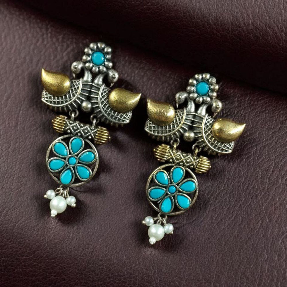 Maharani Jewels Regal Finish 2-Tone Plated Pota Stone And Pearl Dangler Earrings