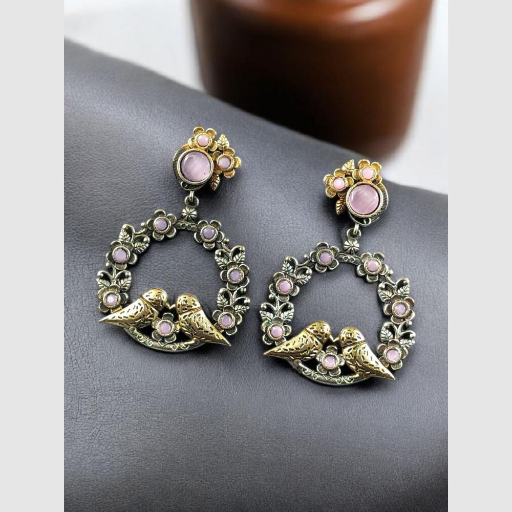 Maharani Jewels Dual Tone Bird Design Pota Stone Hanging Earrings