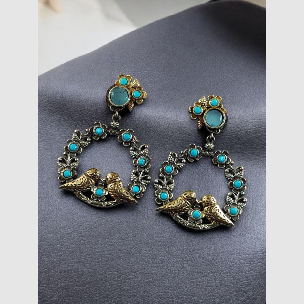 Maharani Jewels Dual Tone Bird Design Pota Stone Hanging Earrings