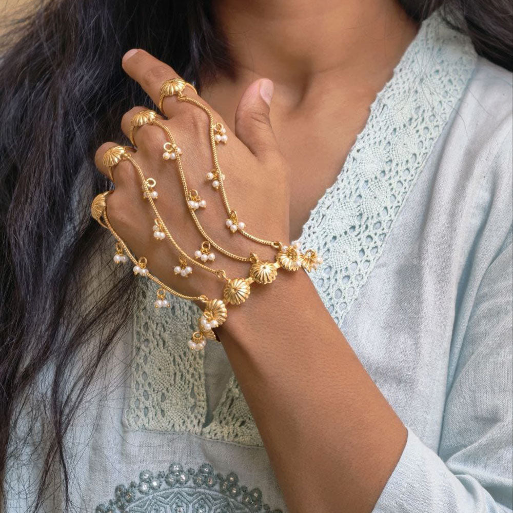 Maharani Jewels Floral Hand Chain With Pearl Hand Harness Accents