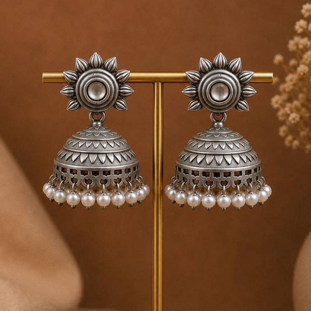 Maharani Jewels Inspired Oxidised Plated Pota Stone And Pearl Jhumki Earrings