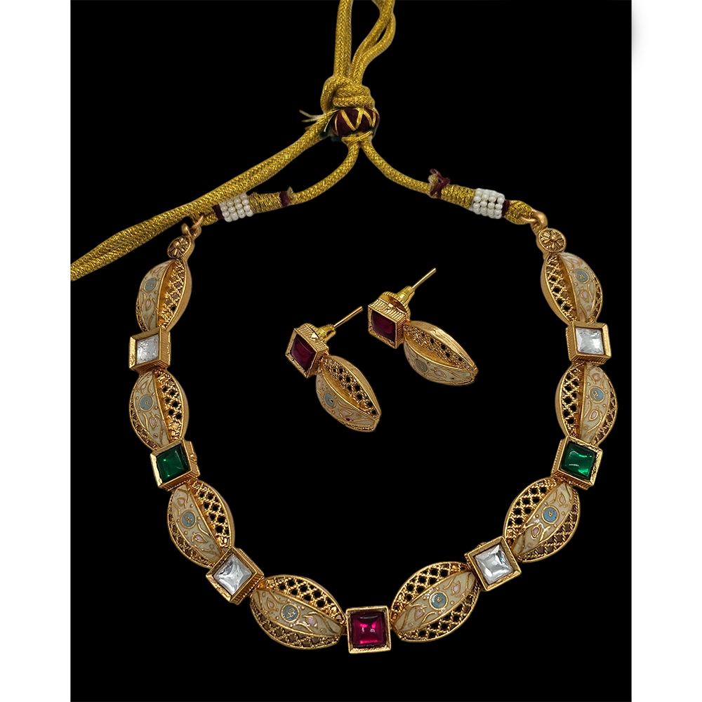 Nakoda Jewels Brass Copper Gold Plated Pota Stone Necklace Set