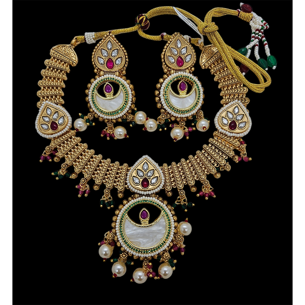 Nakoda Jewels Brass Copper Gold Plated Pota Stone And Pearls Necklace Set