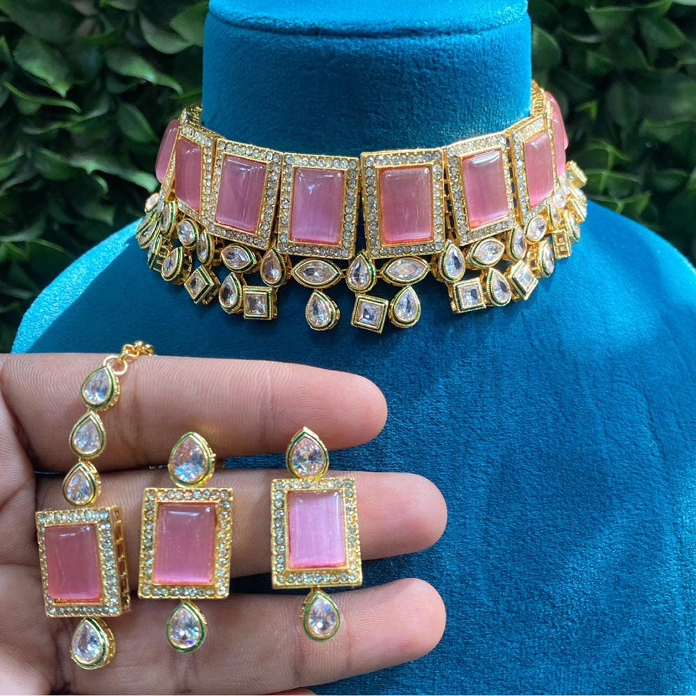 Royal Kundan Jewellery Gold Plated Crystal Stone Choker Necklace Set
