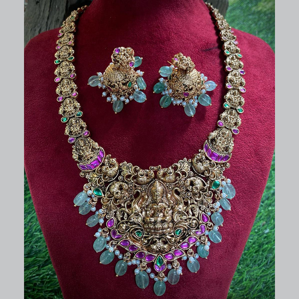 Royal Kundan Jewellery Gold Plated Pota Stone And Temple Long Necklace Set