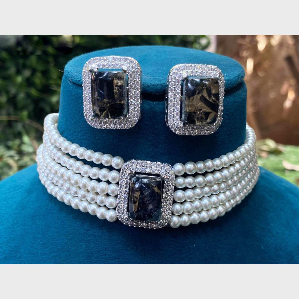 Royal Kundan Jewellery Silver Plated Druzy Crystal Stone Pearls Choker Necklace Set