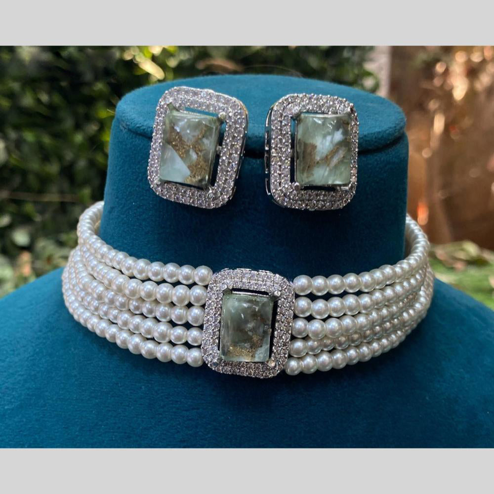 Royal Kundan Jewellery Silver Plated Druzy Crystal Stone Pearls Choker Necklace Set