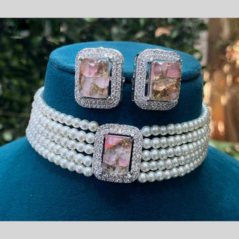 Royal Kundan Jewellery Silver Plated Druzy Crystal Stone Pearls Choker Necklace Set