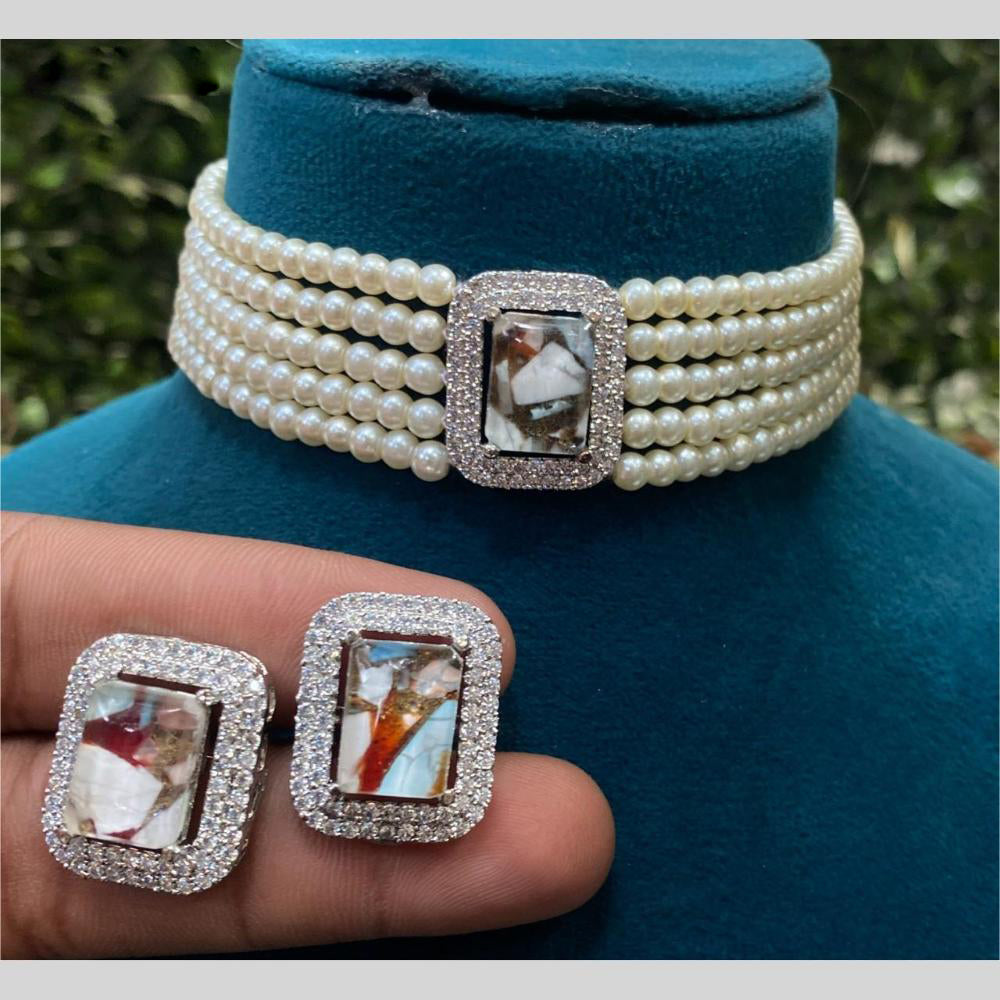 Royal Kundan Jewellery Silver Plated Druzy Crystal Stone Pearls Choker Necklace Set