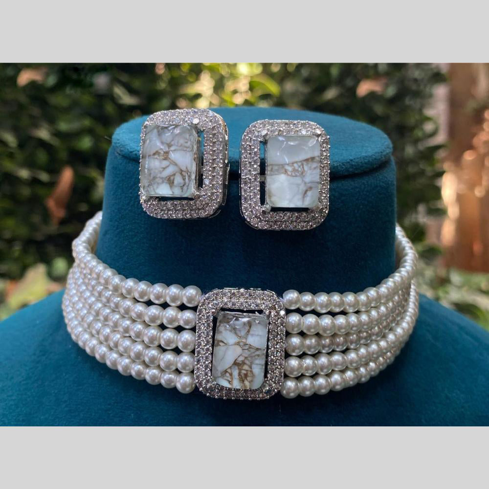 Royal Kundan Jewellery Silver Plated Druzy Crystal Stone Pearls Choker Necklace Set