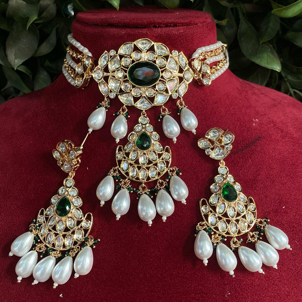 Royal Kundan Jewellery Gold Plated Polki Kundan Stone And Pearls Choker Necklace Set