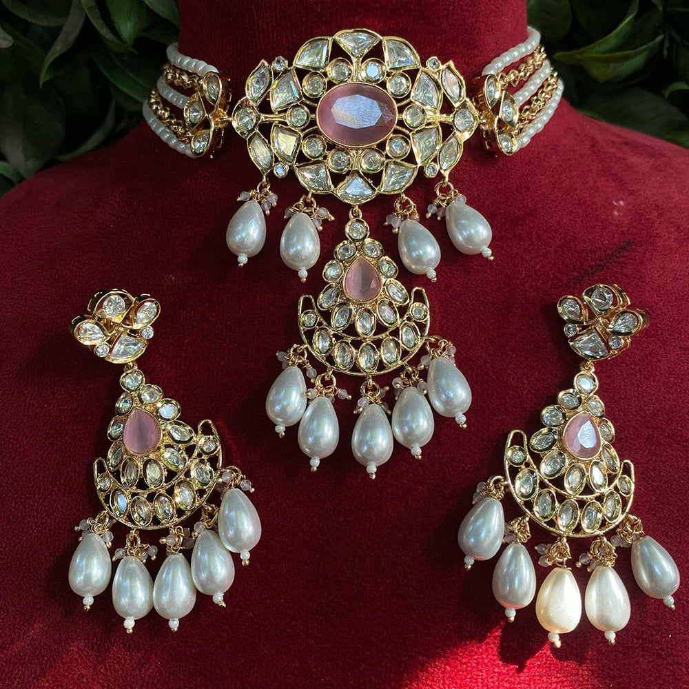 Royal Kundan Jewellery Gold Plated Polki Kundan Stone And Pearls Choker Necklace Set