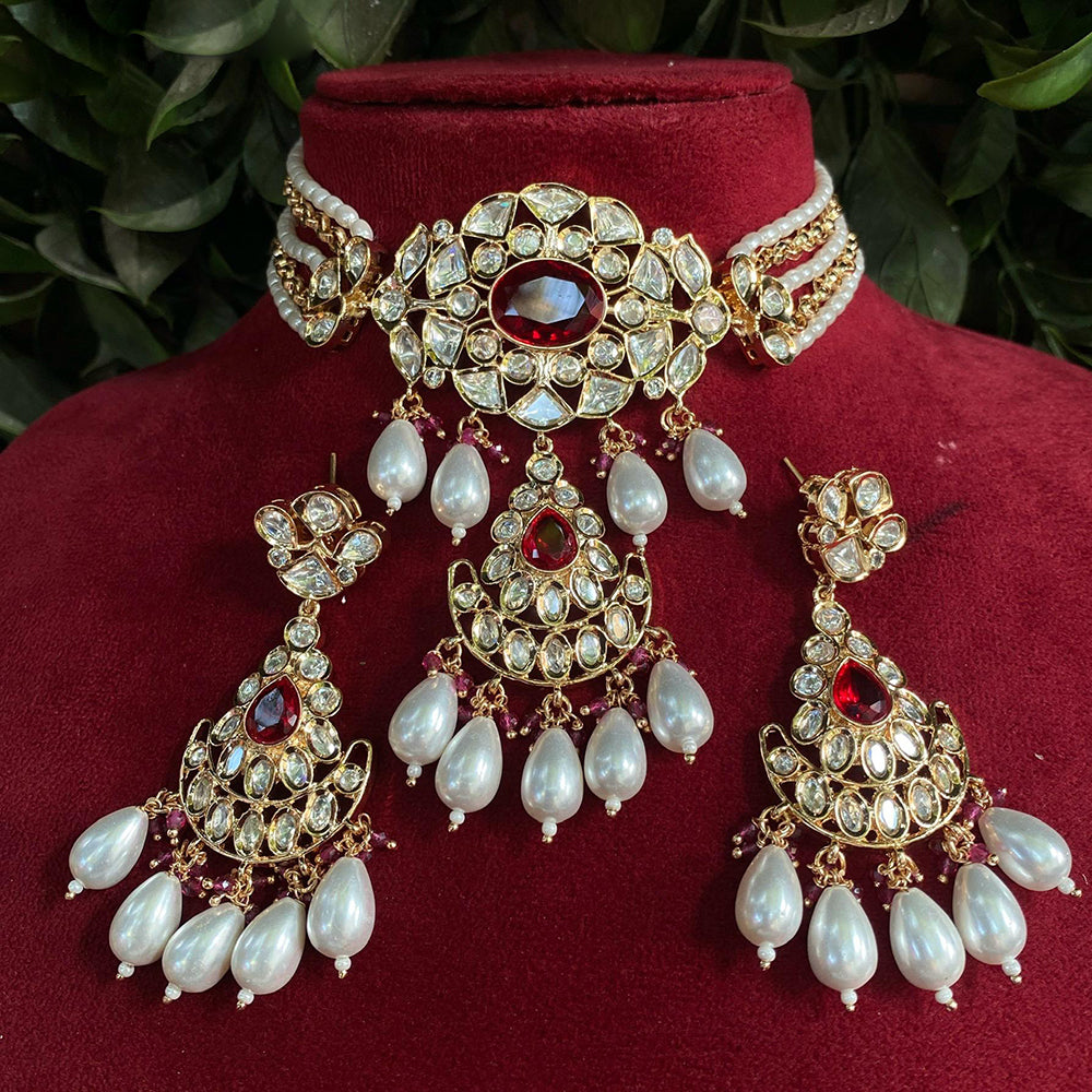 Royal Kundan Jewellery Gold Plated Polki Kundan Stone And Pearls Choker Necklace Set