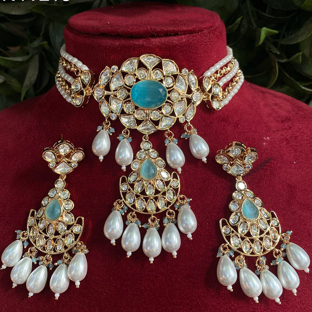 Royal Kundan Jewellery Gold Plated Polki Kundan Stone And Pearls Choker Necklace Set
