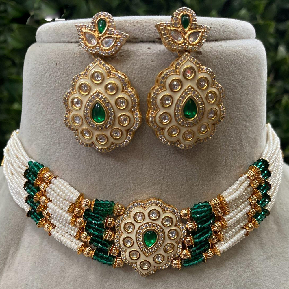 Royal Kundan Jewellery Gold Plated Pota Stone And Pearls Meenakari Choker Necklace Set