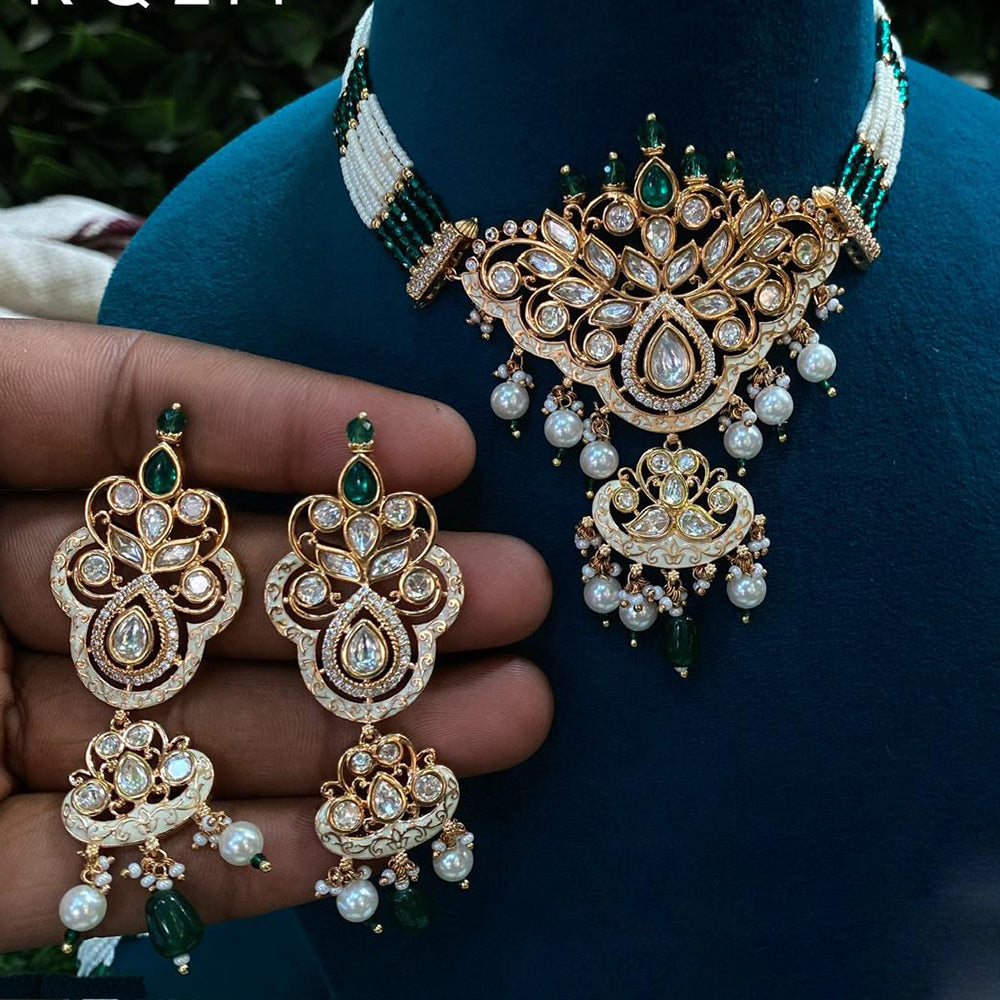 Royal Kundan Jewellery Gold Plated Polki Kundan Stone And Beads Choker Necklace Set