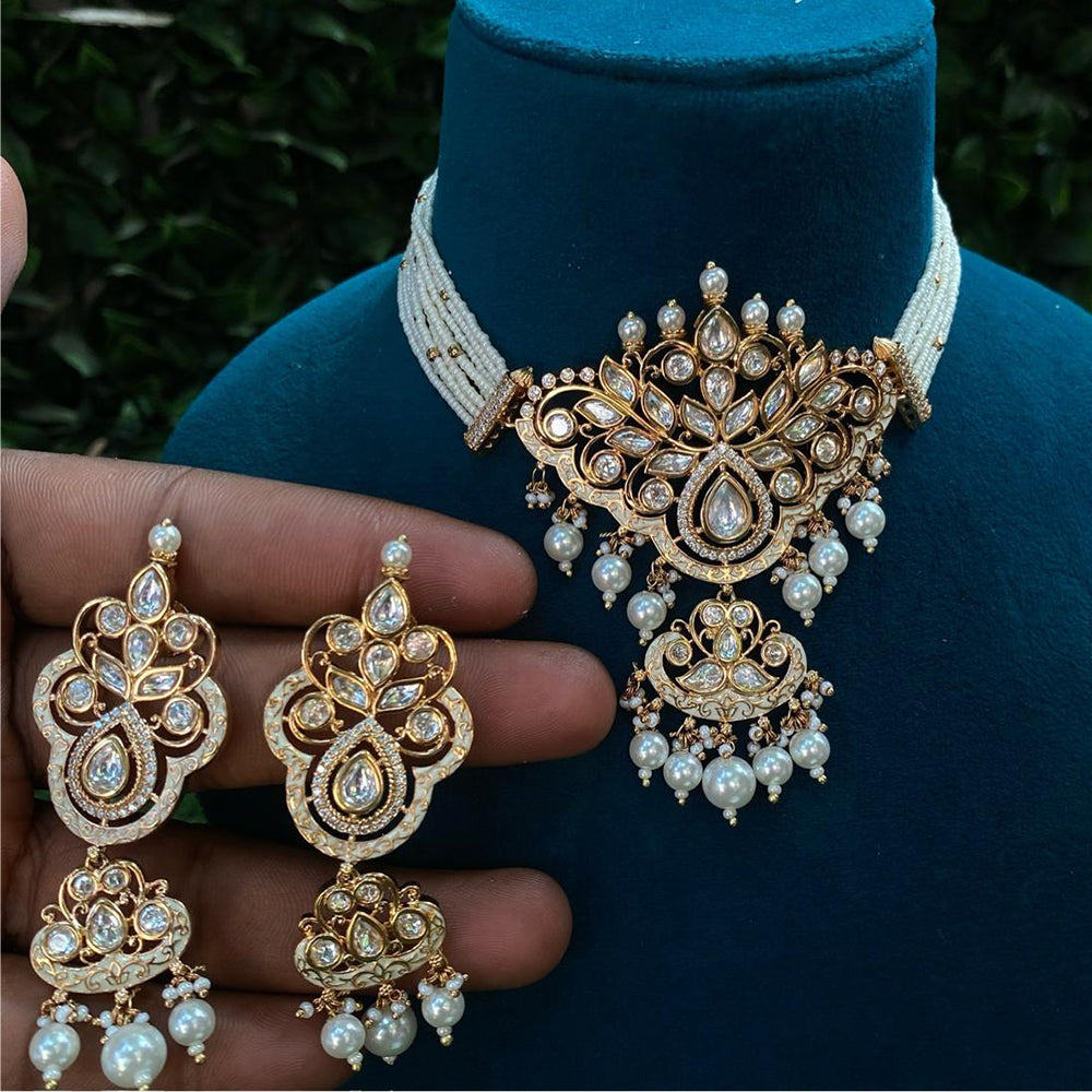 Royal Kundan Jewellery Gold Plated Polki Kundan Stone And Beads Choker Necklace Set