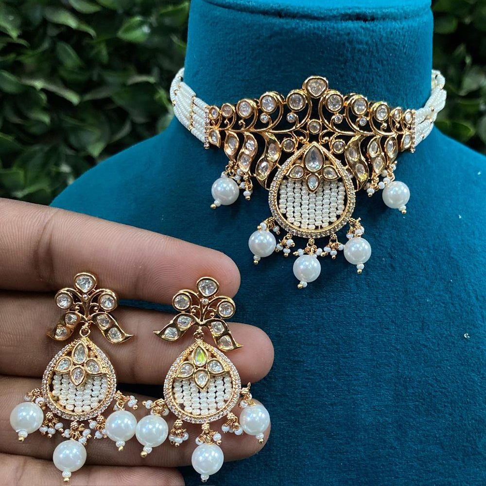 Royal Kundan Jewellery Gold Plated Polki Kundan Stone And Beads Choker Necklace Set