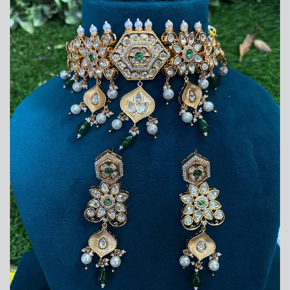Royal Kundan Jewellery Gold Plated Polki Kundan Stone And Beads Choker Necklace Set