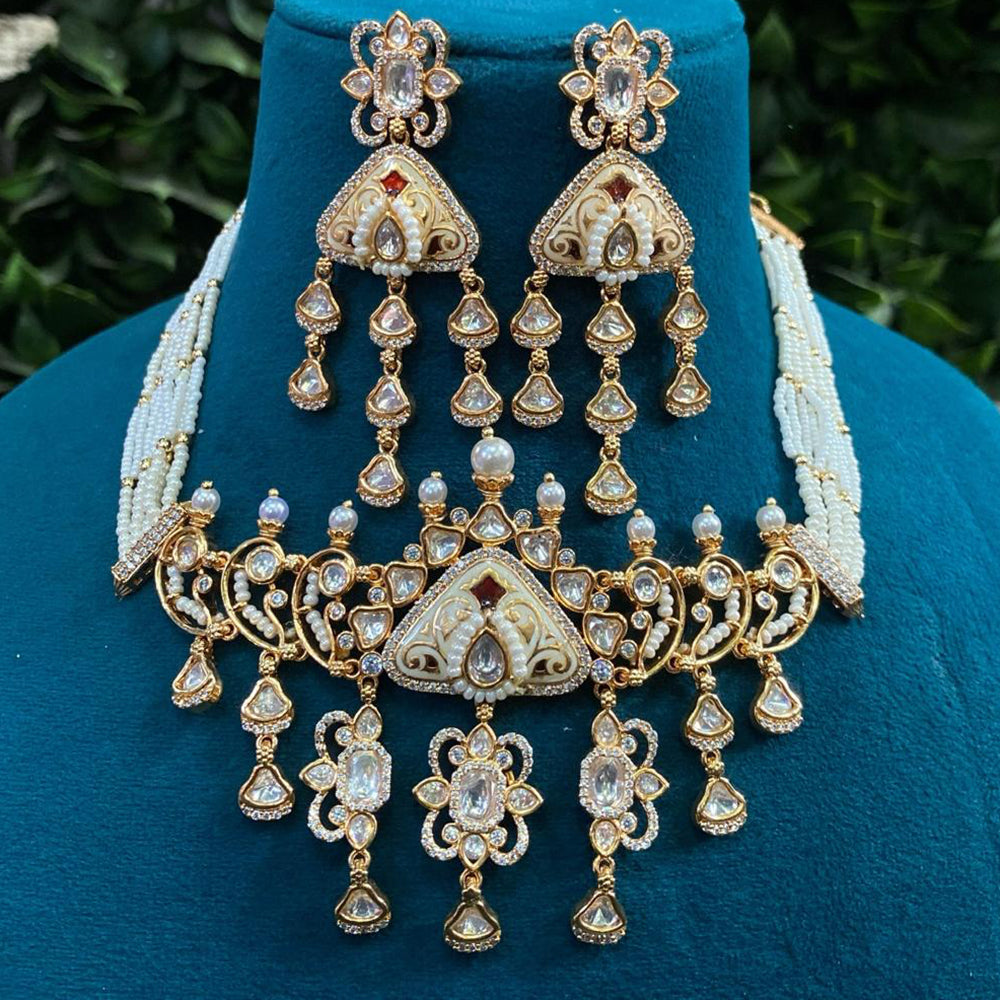 Royal Kundan Jewellery Gold Plated Polki Kundan Stone And Pearls Meenakari Choker Necklace Set