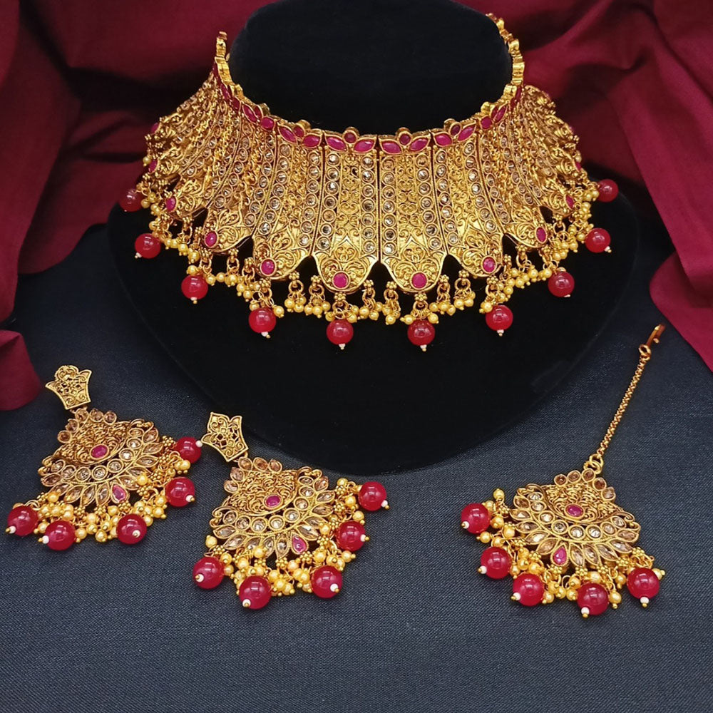 Royal Kundan Jewellery Gold Plated Crystal Stone And Beads Choker Necklace Set