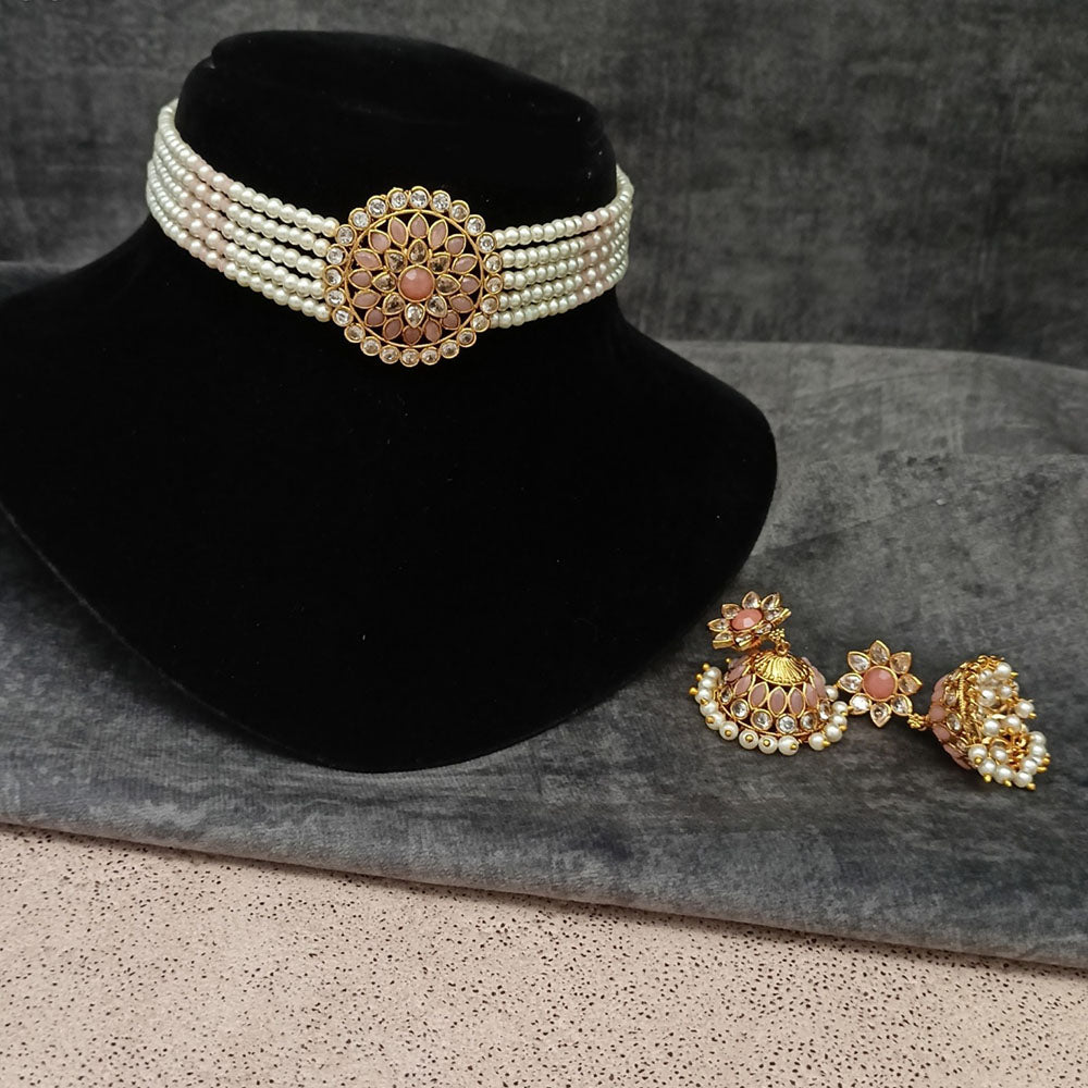 Royal Kundan Jewellery Gold Plated Crystal Stone And Pearls Choker Necklace Set