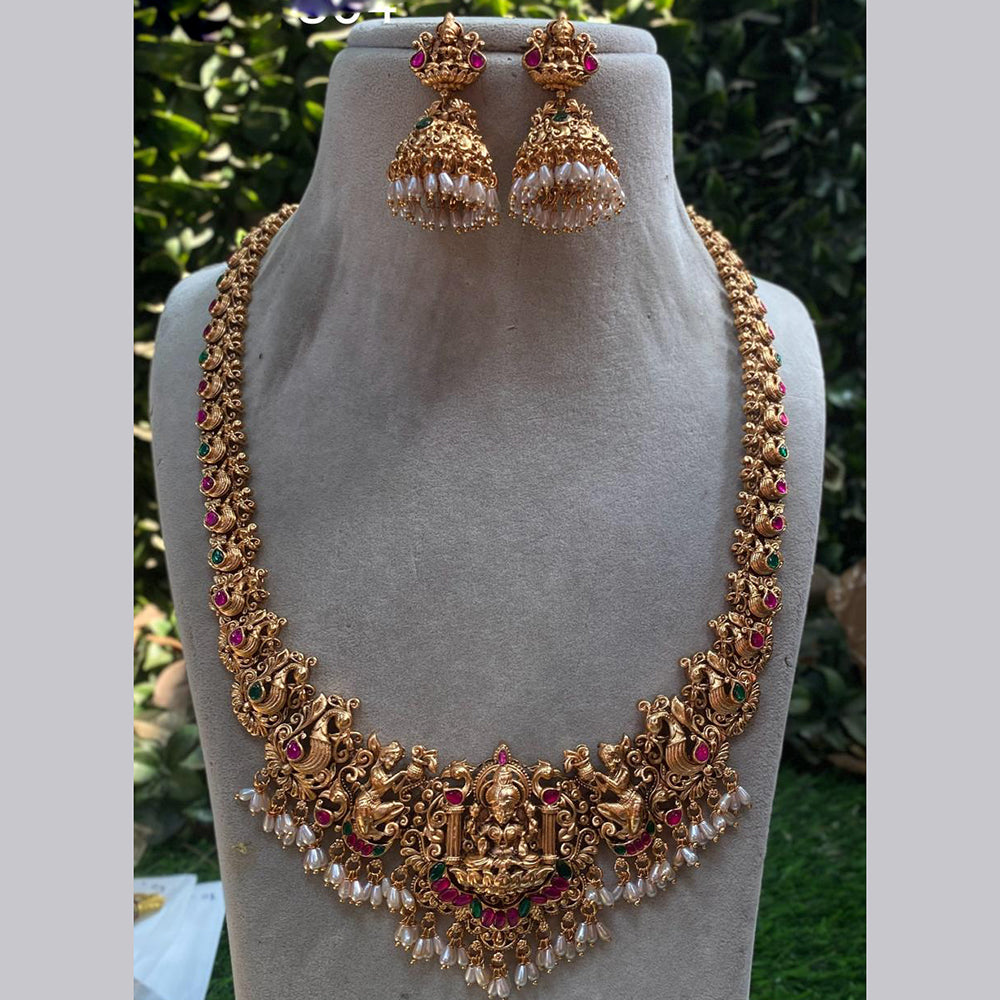 Royal Kundan Jewellery Gold Plated Pota Stone And Pearl Temple Long Necklace Set