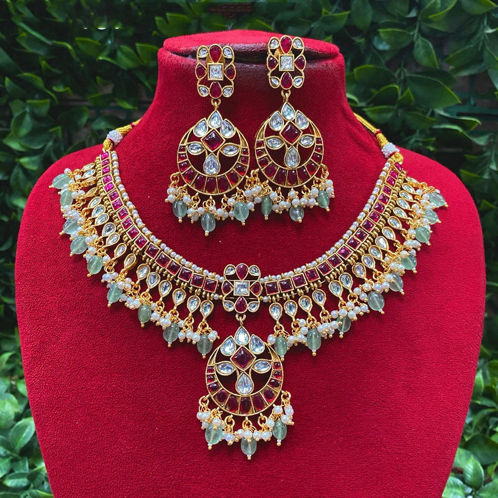 Royal Kundan Jewellery Premium Pota Stone Pearl And Beaded Necklace Set