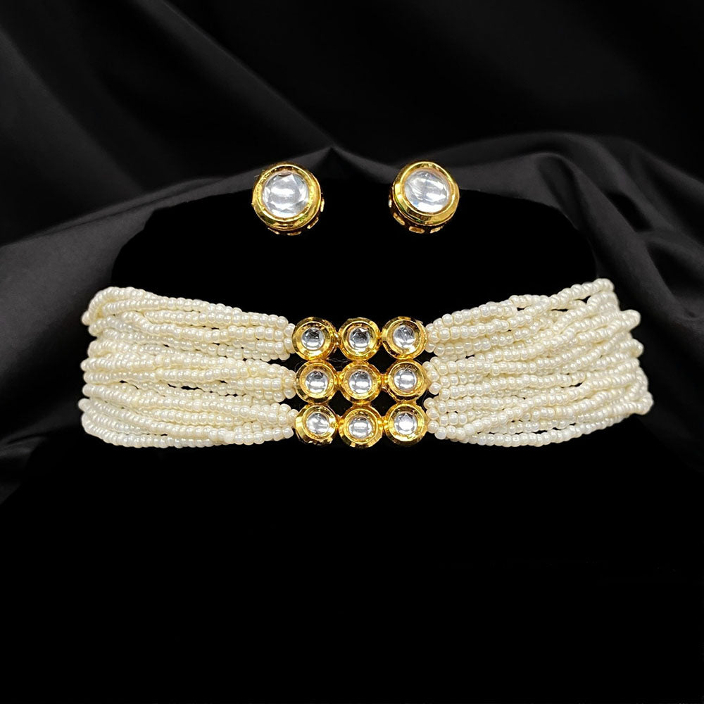 Royal Kundan Jewellery Kundan Stone And Pearl Multi Strand Choker Necklace Set