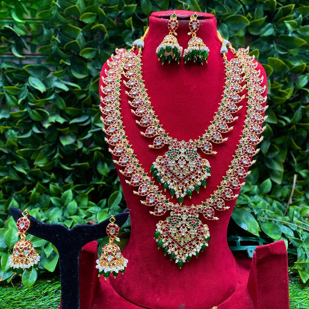 Royal Kundan Jewellery Designer Pota Stone Beads And Pearl Double Necklace Set