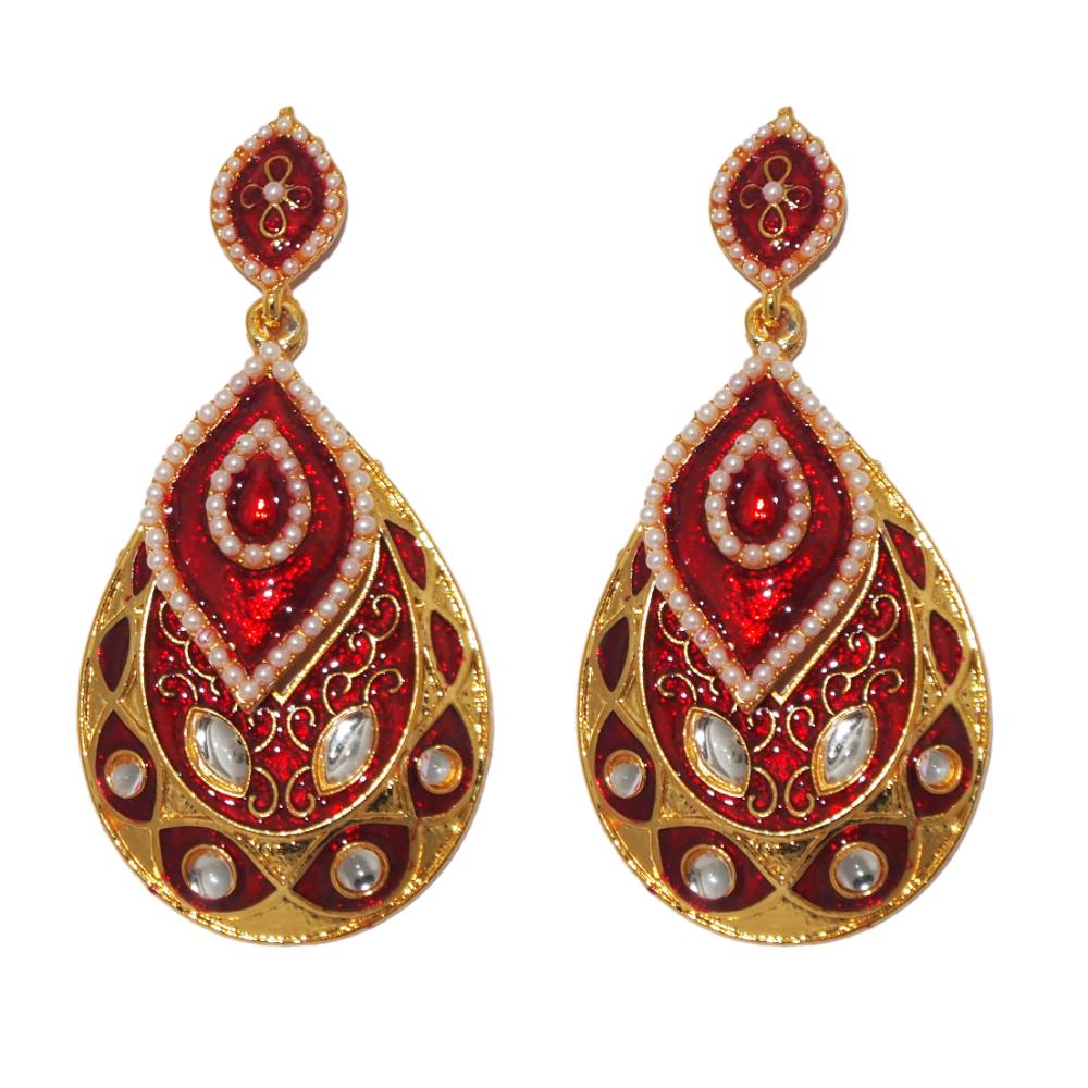 Hania Jewels Gold Plated Kundan Stone And Pearl Meenakari Dangler Earrings