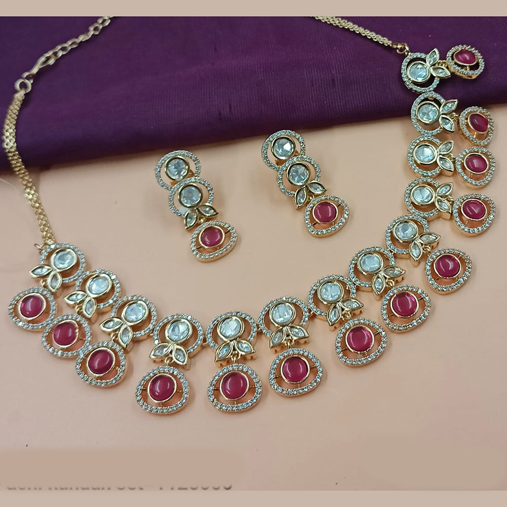 NAFJ Gold Plated Polki Kundan Stone Necklace Set