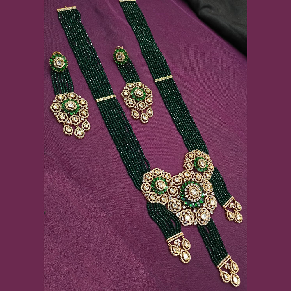 NAFJ Gold Plated Polki Kundan Stone And Austrian Stone Pearls Long Necklace Set