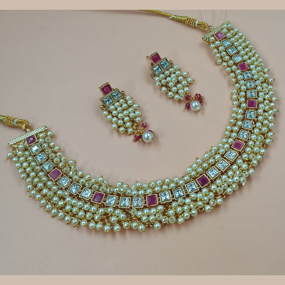 NAFJ Gold Plated Crystal Stone And Pearls Necklace Set