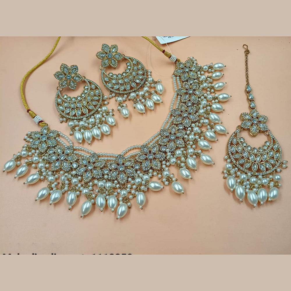 NAFJ Gold Plated Crystal Stone And  Beads Pearls Necklace Set