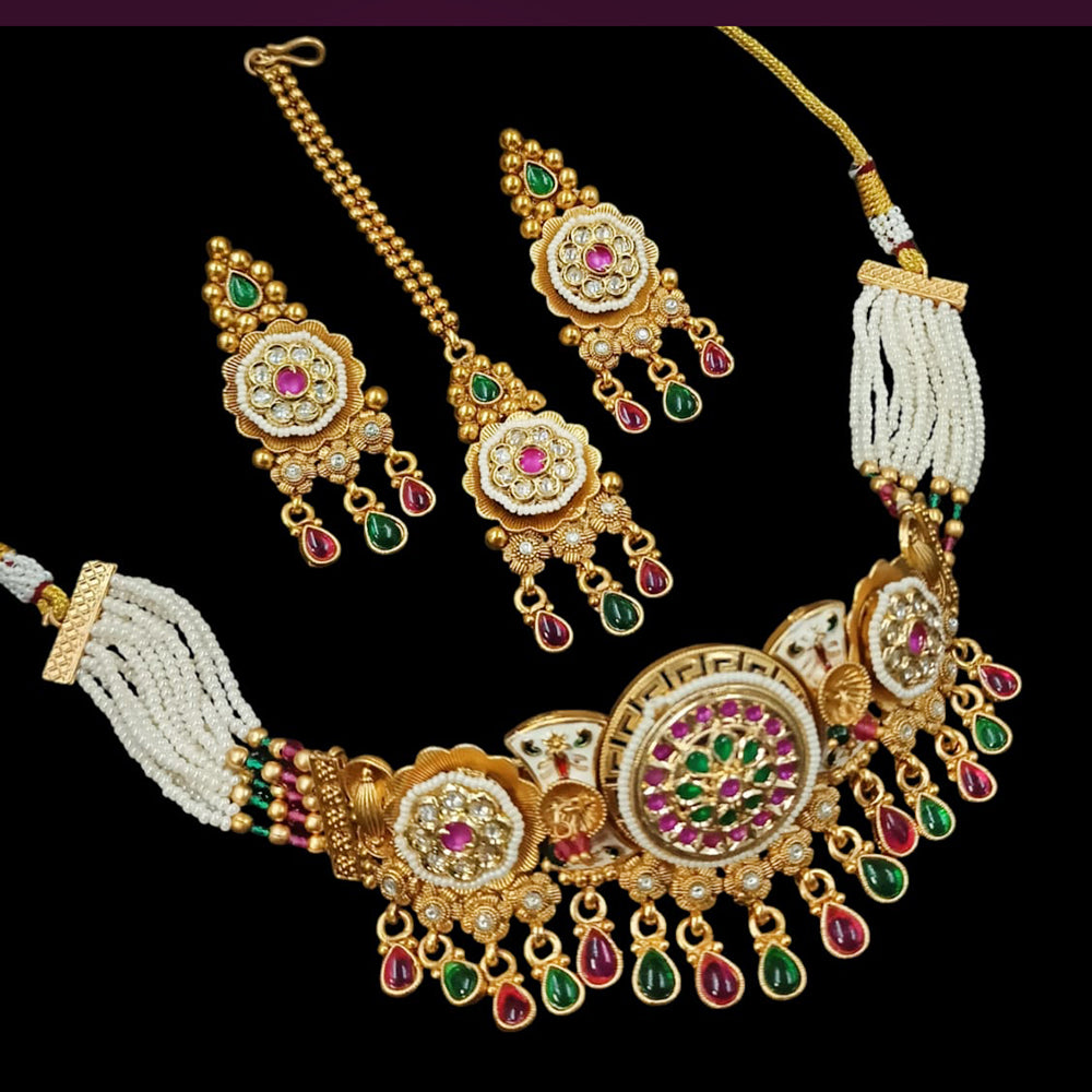 NAFJ Gold Plated Pota Stone And  Pearls Choker Necklace Set