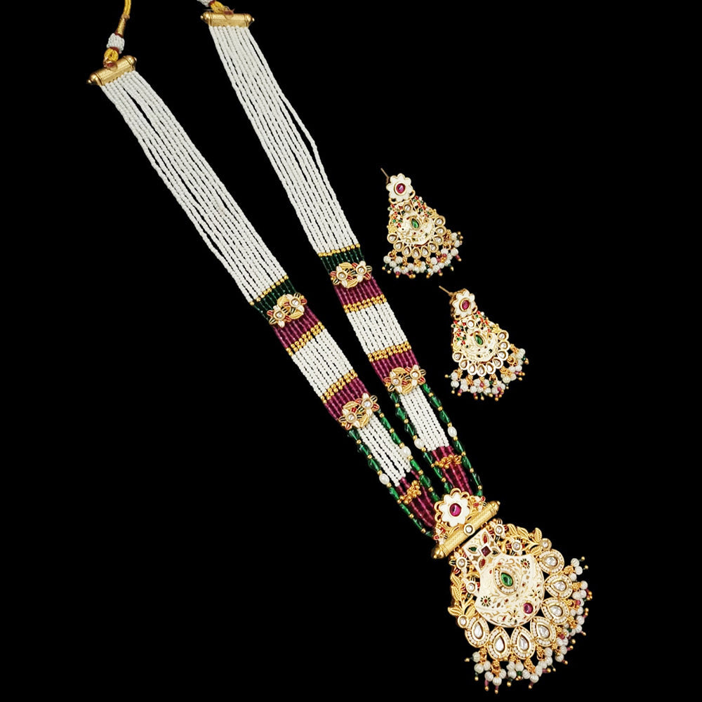 NAFJ Gold Plated Pota Stone & Beads Long Meenakari Necklace Set